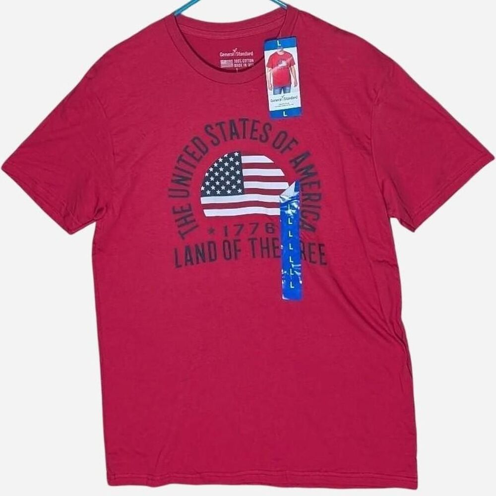 NWT General Standard Red cotton American flag Land of the free graphic tee, Lg